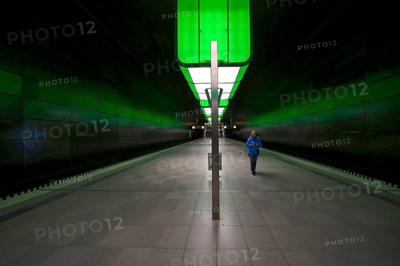 HafenCity University subway station, illuminated in color, green, travelers, platform, stop, train station, subway, public transport, HVV, Hamburger Verkehrsverbund, Hochbahn, public transport, Free and Hanseatic City of Hamburg, Germany