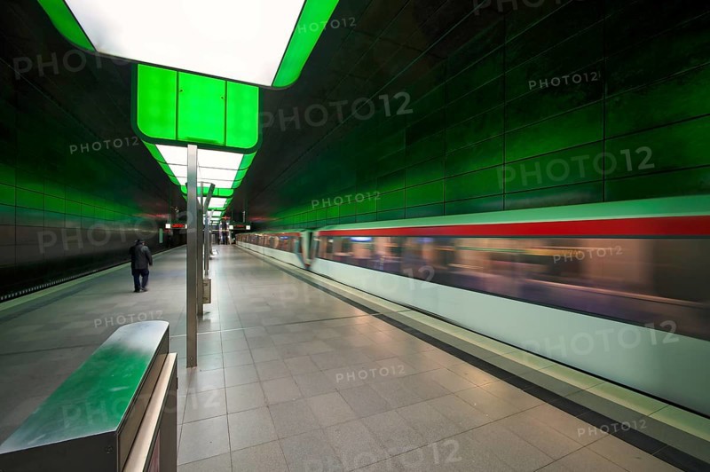 HafenCity University subway station, illuminated in color, green, underground train, movement effect, U4, travelers, platform, stop, train station, subway, public transport, HVV, Hamburger Verkehrsverbund, Hochbahn, public transport, Free and Hanseatic City of Hamburg, Germany