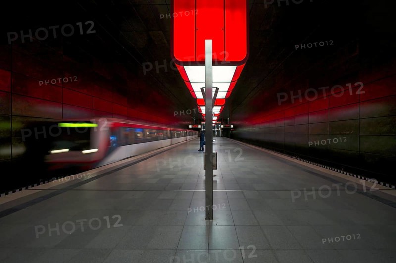 HafenCity University underground station, illuminated in color, red, underground train, movement effect, U4, platform, stop, train station, subway, public transport, HVV, Hamburger Verkehrsverbund, Hochbahn, public transport, Free and Hanseatic City of Hamburg, Germany