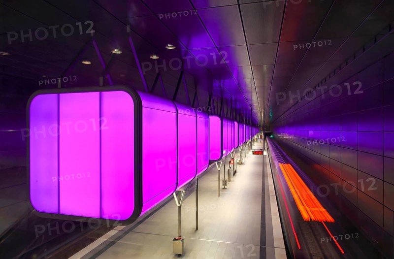 HafenCity University underground station, illuminated in color, magenta, underground train, motion effect, long exposure, light trails, U4, empty, platform, stop, train station, subway, public transport, HVV, Hamburger Verkehrsverbund, Hochbahn, local transport, Free and Hanseatic City of Hamburg, Germany