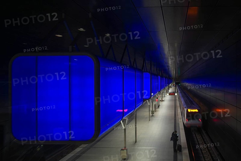HafenCity University subway station, illuminated in color, blue, underground train, movement effect, U4, travelers, platform, stop, train station, subway, public transport, HVV, Hamburger Verkehrsverbund, Hochbahn, public transport, Free and Hanseatic City of Hamburg, Germany
