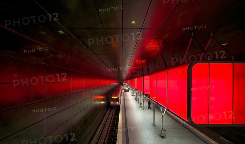 HafenCity University subway station, illuminated in color, red, underground train, movement effect, U4, travelers, platform, stop, train station, subway, public transport, HVV, Hamburger Verkehrsverbund, Hochbahn, public transport, Free and Hanseatic City of Hamburg, Germany