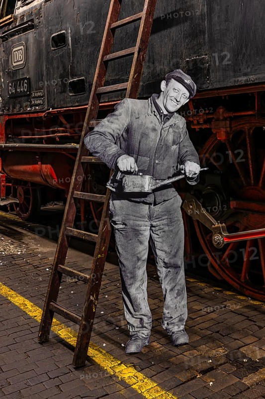 Replica of a railroad mechanic in work clothes with oil can, railway museum, Augsburg railway park, administrative district of Swabia, Bavaria, Germany