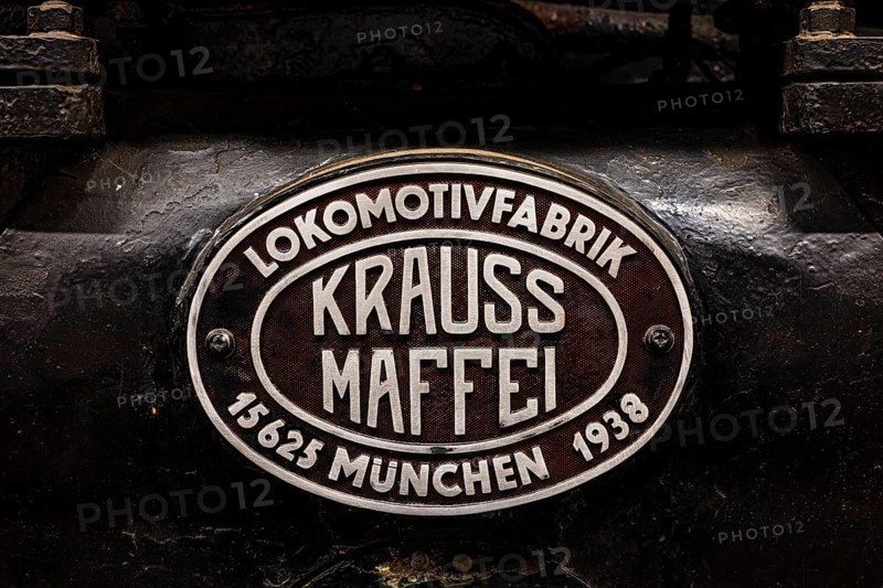 Name plate of the former locomotive factory, Kraus Maffei from Munich on a historic locomotive with the number 15 626, built in 1938, railway museum, Augsburg railway park, administrative district of Swabia, Bavaria, Germany