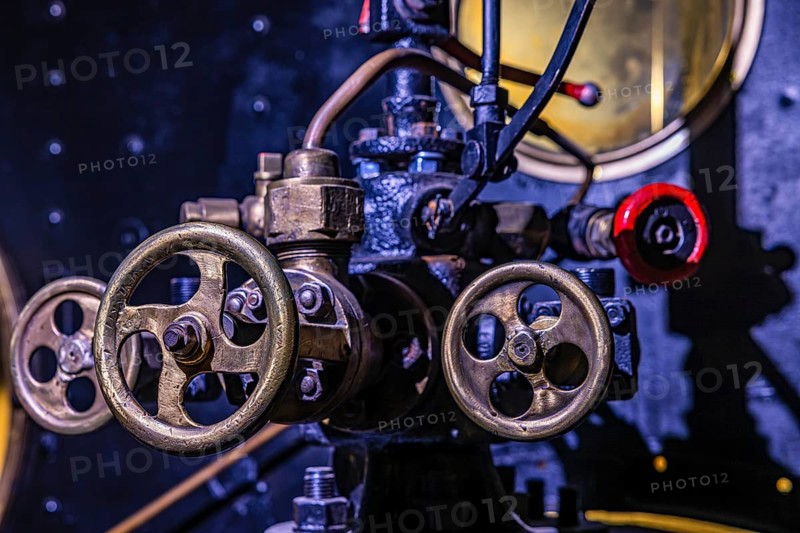 Levers and actuators in the tank car of a historic steam locomotive, Eisenbahnmuseum, Augsburg railway park, administrative district of Swabia, Bavaria, Germany