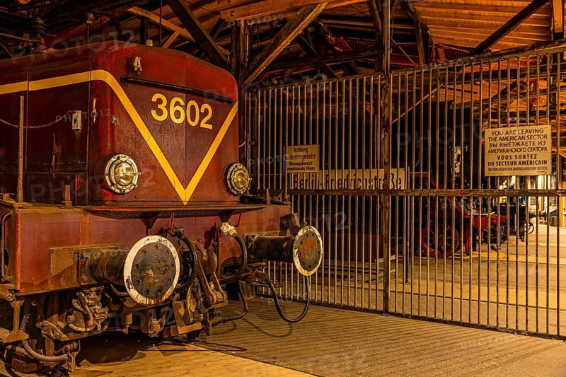 Historic electric locomotive 3602 of the 1st generation, replica of the former border crossing in Berlin Friedrichstraße, Eisenbahnmuseum, Augsburg railway park, administrative district of Swabia, Bavaria, Germany