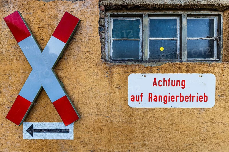St. Andrew's cross and sign on marshalling, Augsburg railway park, Regierungsbezirk Swabia, Bavaria, Germany