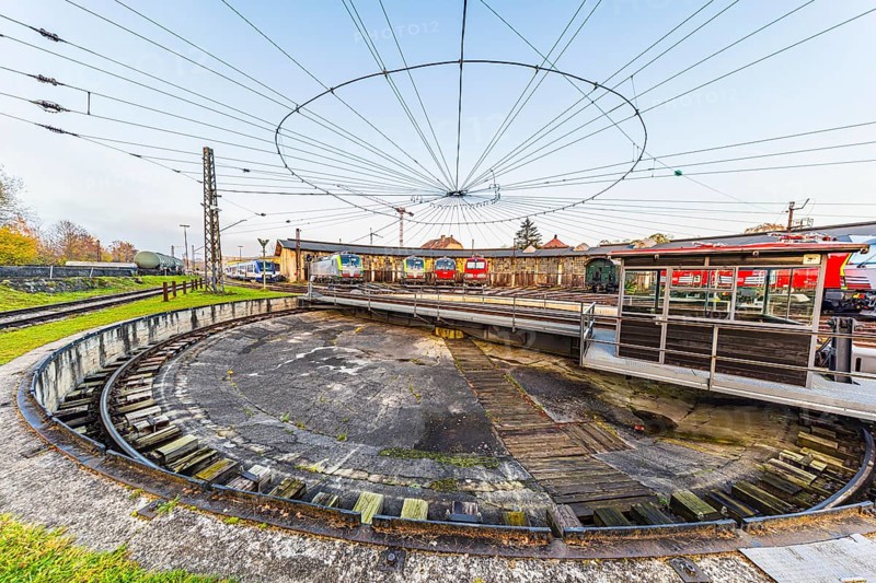 Turntable with overhead line spider, Augsburg railway park, administrative district of Swabia, Bavaria, Germany