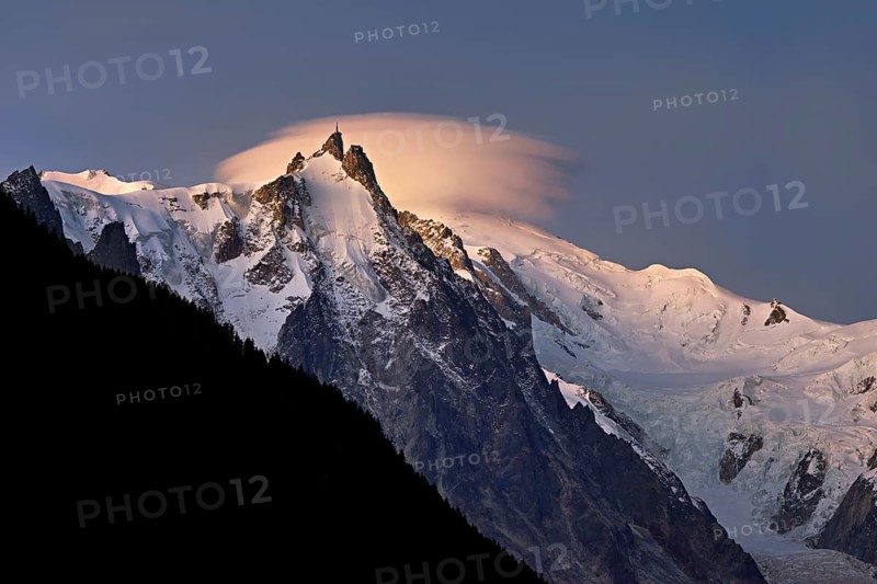 Aiguille du Midi with cloud above the summit, Mont-Blanc, Chamonix-Mont-Blanc, Haute-Savoie, France