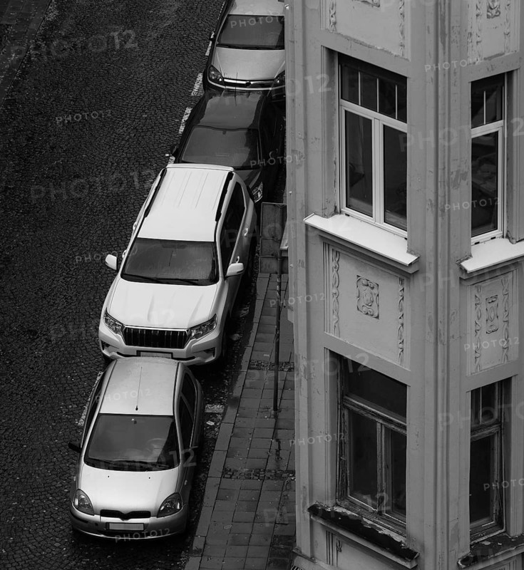 Street with parked cars from above, monochrome, Belgrade, Serbia