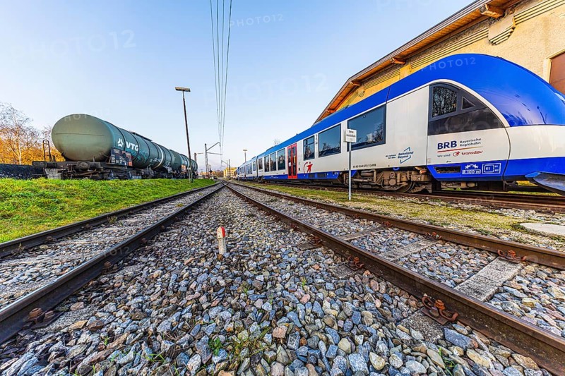 Modern Bavarian Regional Railway train, BRB, boiler wagons, parked in front of Augsburg railway park, administrative district of Swabia, Bavaria, Germany