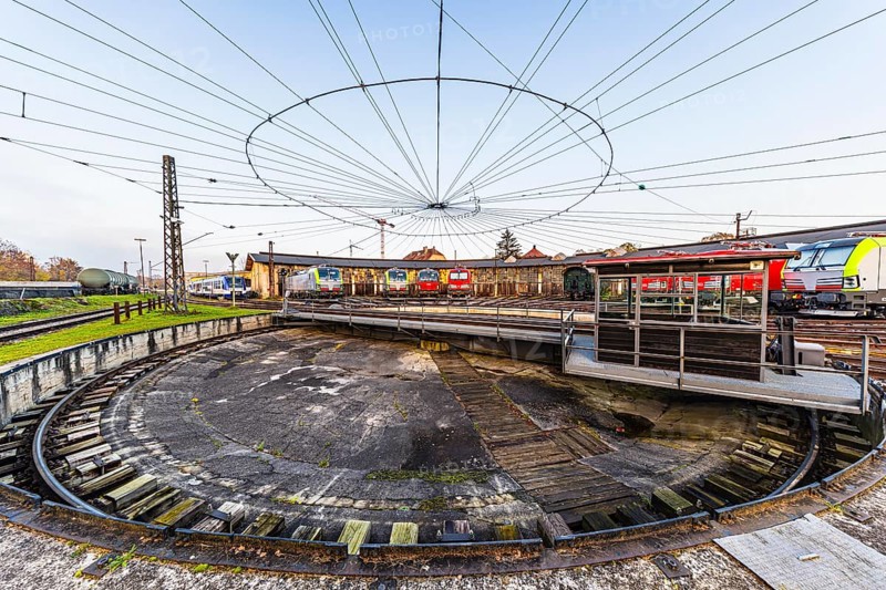 Turntable with overhead line spider, Augsburg railway park, administrative district of Swabia, Bavaria, Germany