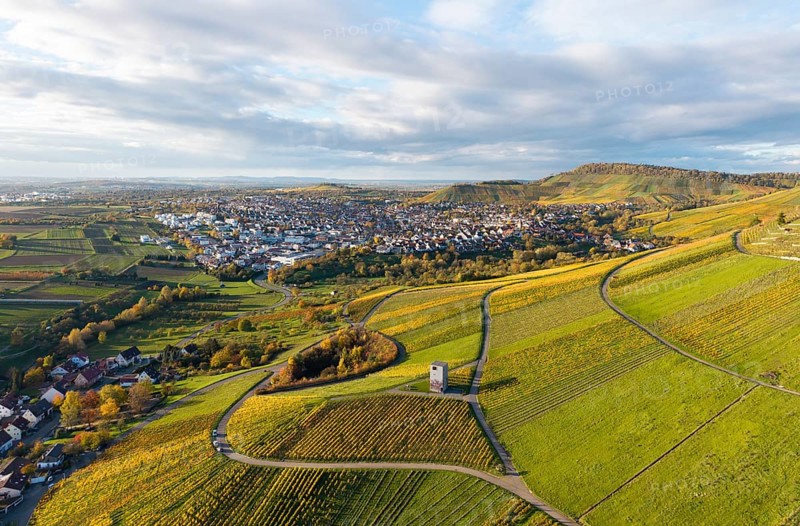 Aerial view of a village surrounded by vineyards and hills under a cloudy sky, observation tower, autumn, Korb-Steinreinach im Remstal, Baden-Württemberg, Germany