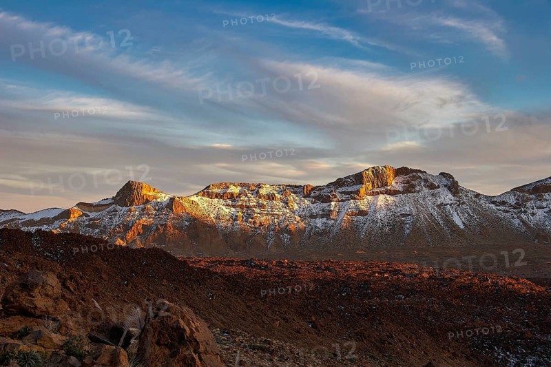 Mountains in the light of sunrise with soft clouds in the sky, UNESCO World Heritage Site, Teide National Park, Tenerife, Canary Islands, Spain