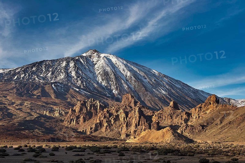 Snow-capped Teide, large mountain with illuminated shadows and deep blue sky, UNESCO World Heritage Site, Teide National Park, Teide National Park, Tenerife, Canary Islands, Spain