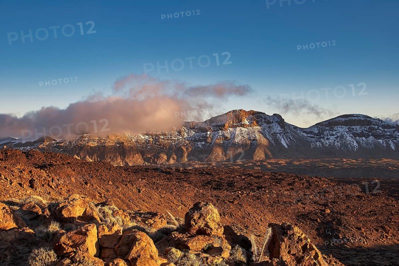 Wide mountain landscape with clouds and rugged rocks under a clear sky, UNESCO World Heritage Site, Teide National Park, Tenerife, Canary Islands, Spain