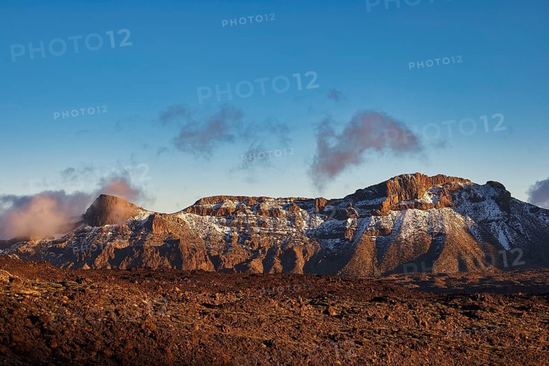 Snowy mountain range under clear blue sky with some clouds, UNESCO World Heritage Site, Teide National Park, Teide National Park, Tenerife, Canary Islands, Spain