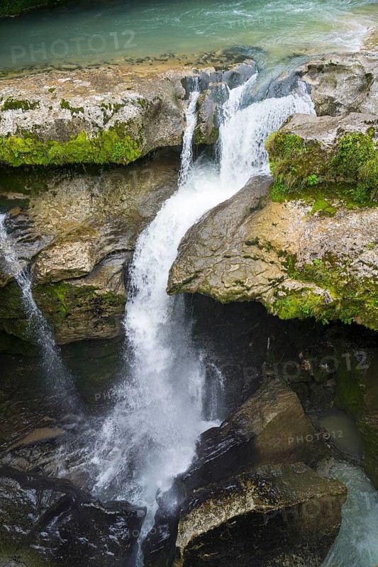Dynamic waterfall flowing through a rocky gorge, Martvili Gorge, Martvili Canyon, Inchchuri village, Abasha river, Martvili municipality, Mingrelia-Upper Svaneti region, Georgia