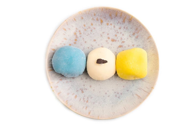 Japanese Mochi Cakes isolated on white background, top view, flat lay, close up