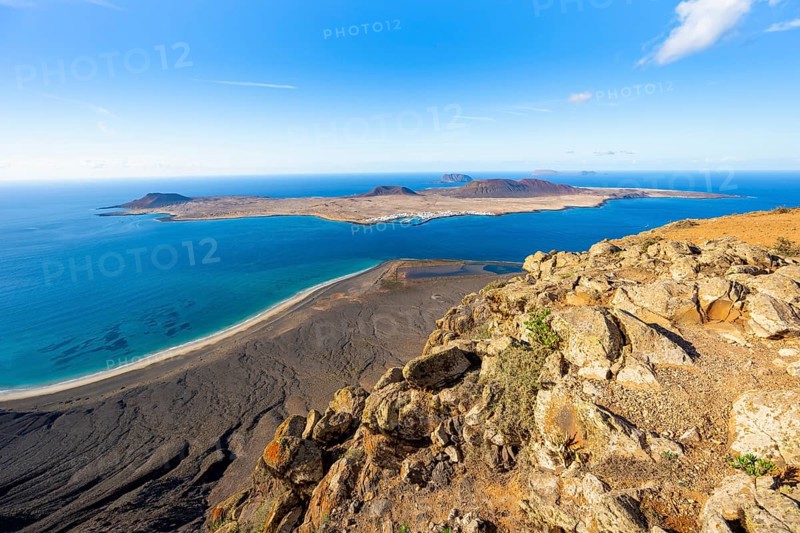 View of the sea and the island of La Graciosa, Mirador del Porrito viewpoint, Lanzarote, Canary Islands, Spain