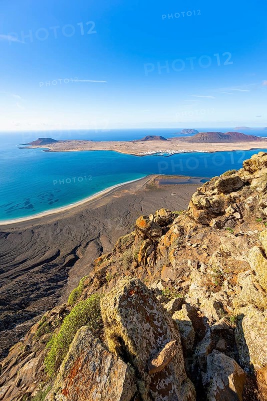 View of the sea and the island of La Graciosa, Mirador del Porrito viewpoint, Lanzarote, Canary Islands, Spain