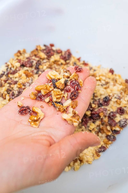 A hand holding a mix of nuts and berries in a bowl, Christmas baking, Haselstaller Hof, Wildberg, Germany