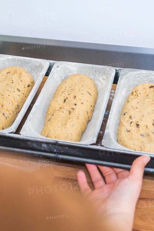 Three loaves of bread dough on a tray, prepared for baking, Christmas baking, Haselstaller Hof, Wildberg, Germany