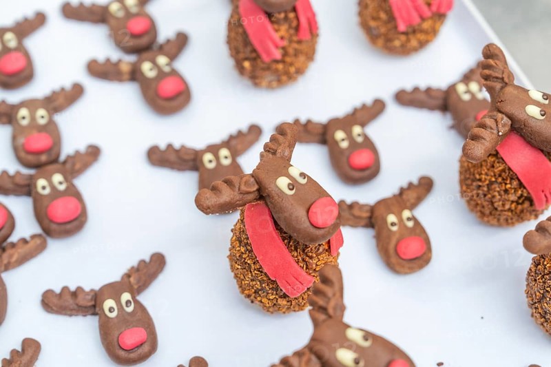 Handmade reindeer cookies made of chocolate with red and white details, decorated, Christmas baking, Haselstaller Hof, Wildberg, Germany