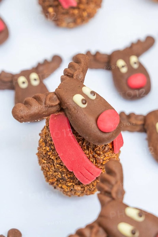 Reindeer shaped chocolate cookie with red nose and white background, Christmas baking, Haselstaller Hof, Wildberg, Germany