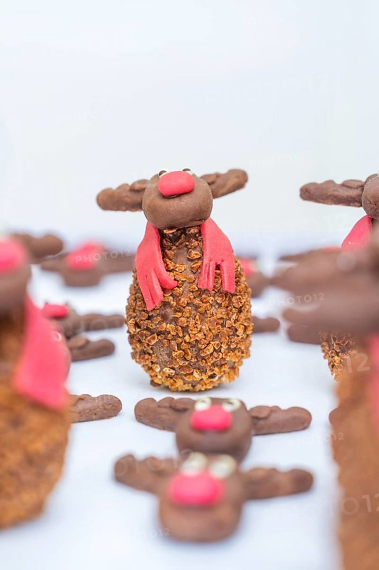 Handmade chocolate reindeer cookies with red and white details on a white background, Christmas baking, Haselstaller Hof, Wildberg, Germany