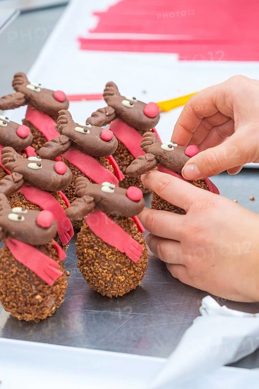 Handmade and decorated chocolate reindeer with red scarf, Christmas baking, Haselstaller Hof, Wildberg, Germany