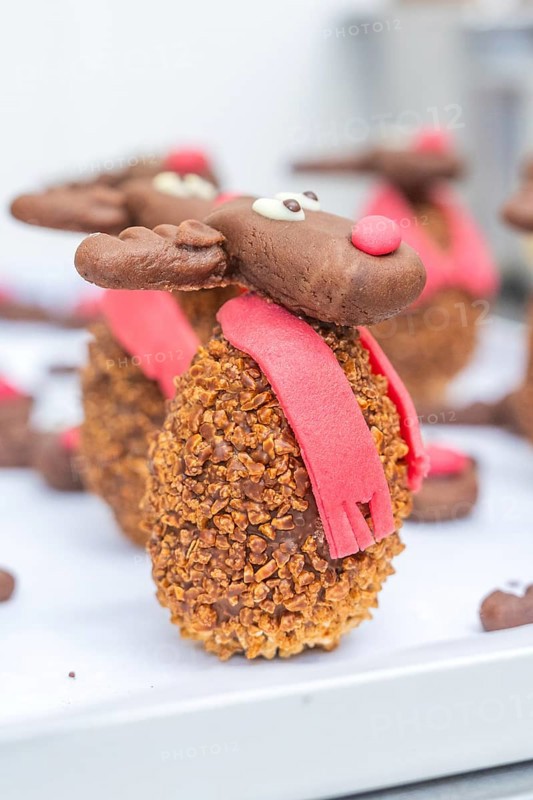 A detailed reindeer cookie with red scarf and nose taken up close, Christmas baking, Haselstaller Hof, Wildberg, Germany