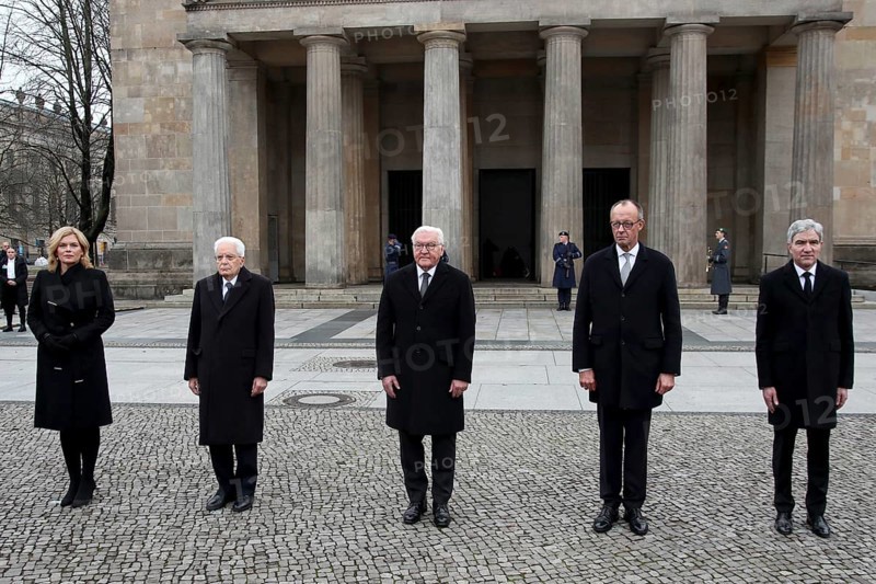 Julia Klöckner, President of the German Bundestag, H.E. Sergio Mattarella President of the Italian Republic, Federal President Frank-Walter Steinmeier, Federal Chancellor Friedrich Merz and Prof. Dr. Stephan Harbarth, President of the Federal Constitutional Court - Memorial Day Wreath laying for victims of war and tyranny, Neue Wache, Berlin, 16.11.25