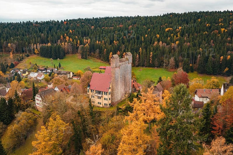 A castle sits majestically in a green meadow surrounded by autumnal forests, Berneck Castle, Altentsteig, Calw District, Germany