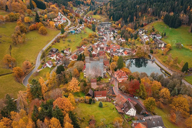 A picturesque village with a castle next to a river, nestled in autumn nature, Berneck Castle, Altentsteig, Calw District, Germany