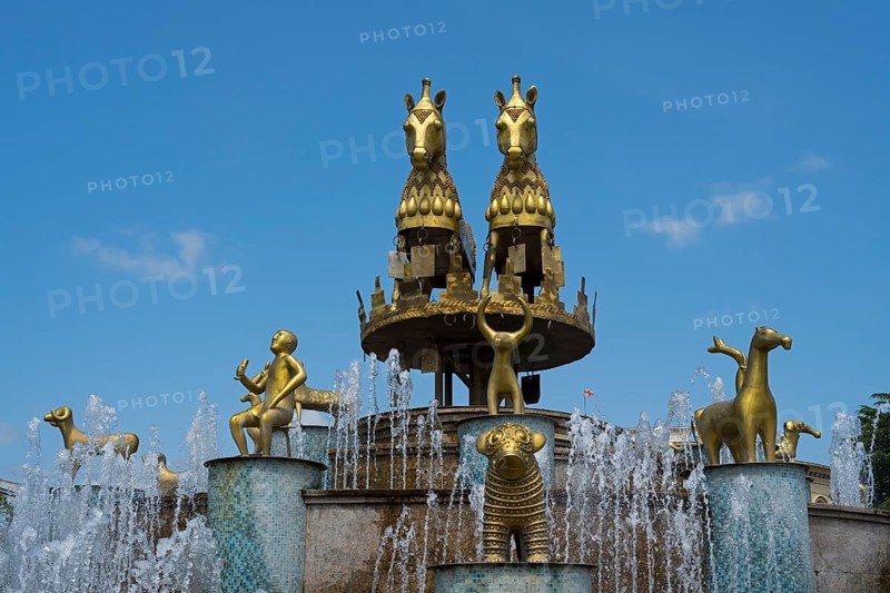 Golden horses and human figures as part of an elaborate fountain with sparkling water, Colchis Fountain, David Aghmashenebeli Central Square, Kutaisi, Imereti Region, Georgia