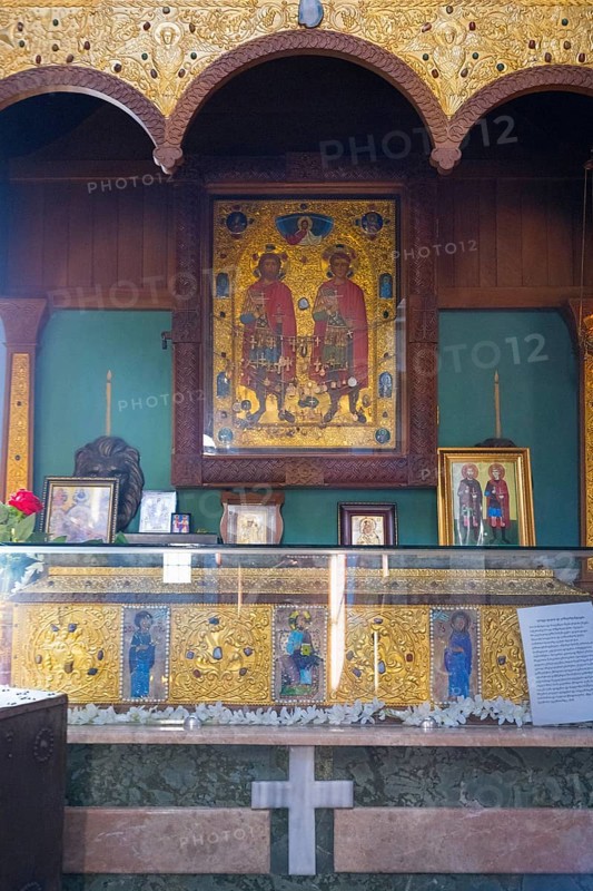 A richly decorated shrine with icons and gold ornaments, religious representations, Motsameta monastery, near Kutaisi, Imereti region, Georgia