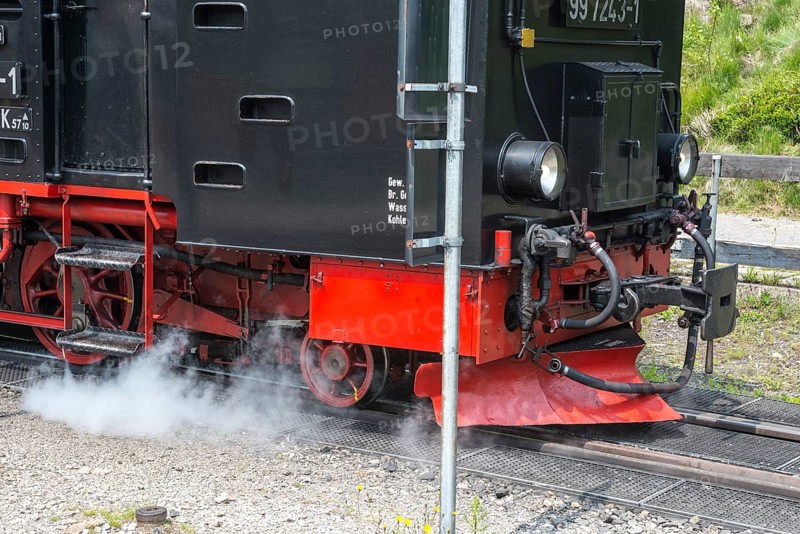 Front of a steaming locomotive, steam locomotive, railroad, railroad locomotive, detail, close-up, Harz narrow-gauge railways at Schierke station, narrow-gauge railway, low mountain range, Brocken railway from Drei Annen Hohne to Brocken, Harz National Park, Harz, Wernigerode, Harz district, Saxony-Anhalt, Germany