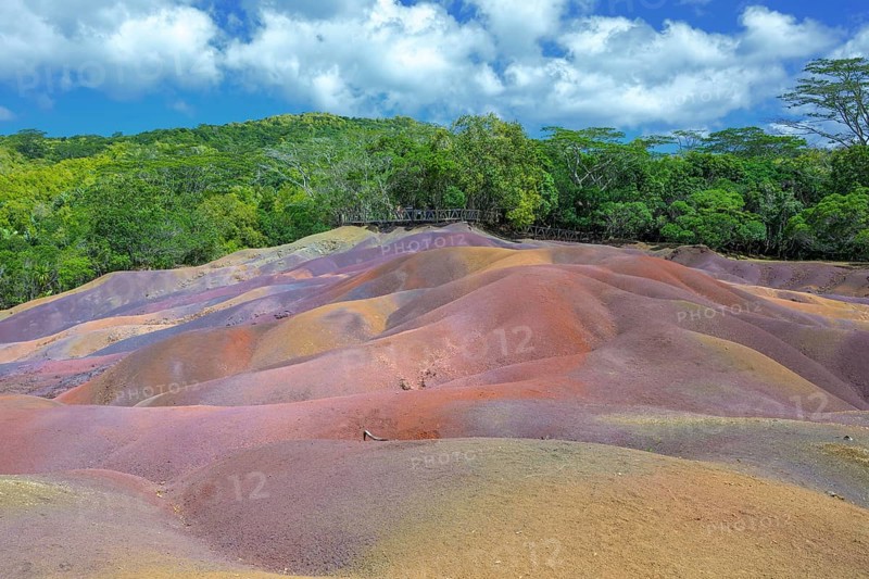 Bright red hills against thick tropical greenery under a clear sky in Mauritius. Africa, East Africa, Mauritius, Chamarel, Seven Coloured Earth