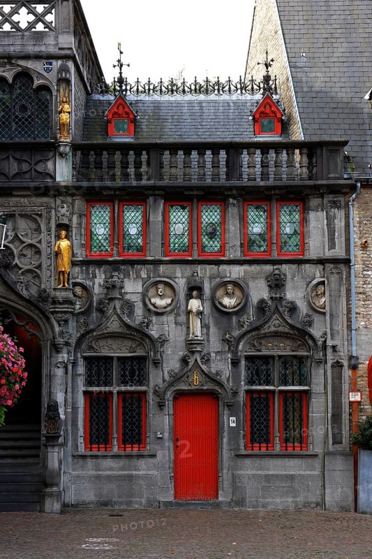 Richly decorated façade of the criminal office at the St. Ivo Chapel of the Holy Blood Basilica, Castle Square in the historic old town, Bruges, UNESCO World Heritage Site, Flanders, Belgium