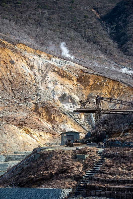 Cable car in Owakudani geothermal area at Komagatake volcano, Hakone, Japan