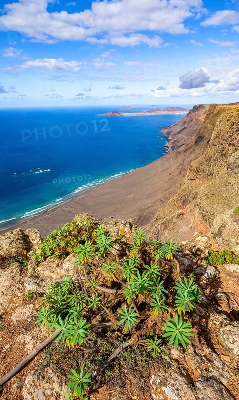 View from the Castillejo viewpoint from the Risco de Famara cliffs to the coast and the sea with the Famara beach, Playa de Famara, Lanzarote, Canary Islands, Spain