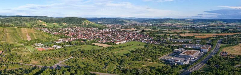 Panoramic view of an urban area with vast hills and blue skies, Korb im Remstal municipality, Rems-Murr-Kreis, Baden-Württemberg, Germany
