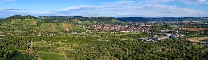 Rural area with a town surrounded by fields and rolling hills under a blue sky, Korb im Remstal municipality, Rems-Murr-Kreis, Baden-Württemberg, Germany