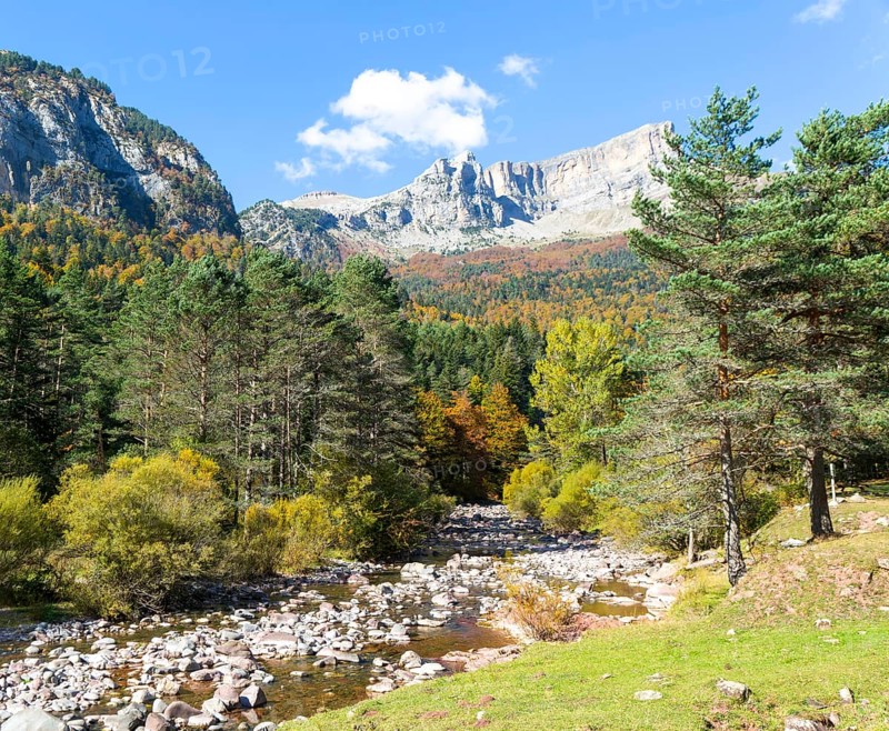 Mountain landscape view river at Selva de Oza, Valle de Hecho, Pyrenees Mountains, Huesca province, Aragon, Spain