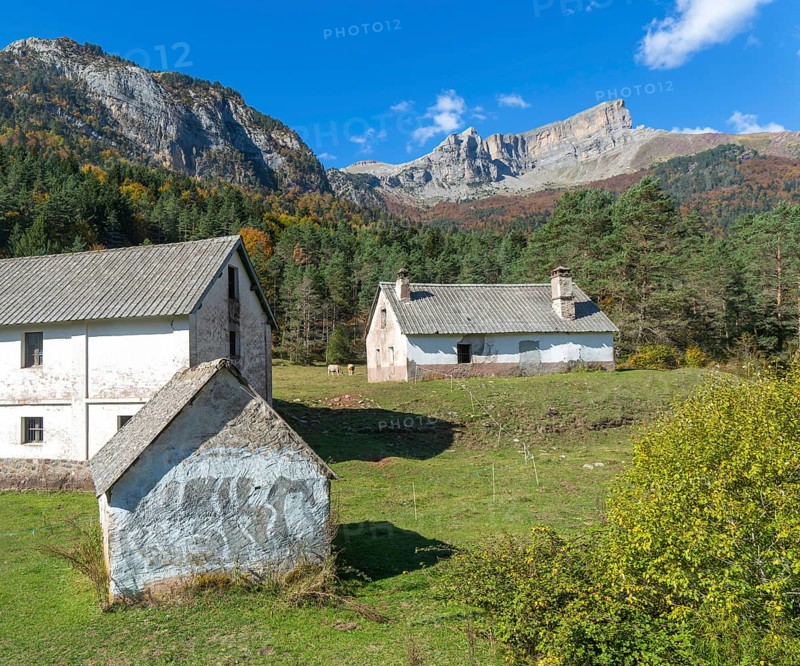 Farm buildings for livestock, Selva de Oza, Valle de Hecho, Pyrenees Mountains, Huesca province, Aragon, Spain