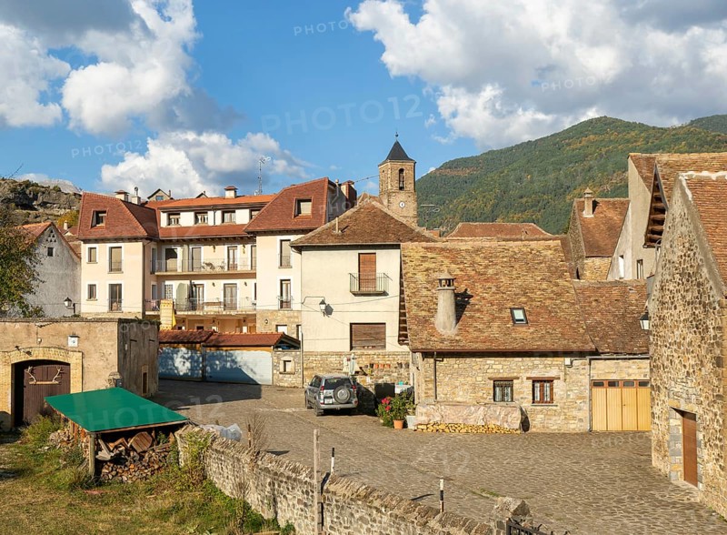 Historic buildings medieval village of Echo or Hecho, Valle de Hecho, Pyrenees Mountains, Huesca province, Aragon, Spain