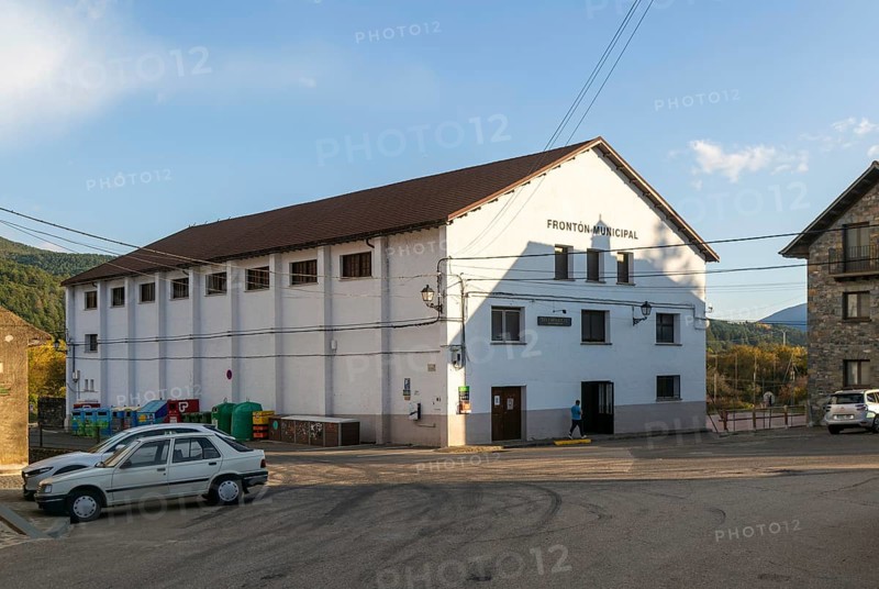Frontón Municipal sports hall community building, village of Echo or Hecho, Valle de Hecho, Huesca province, Aragon, Spain