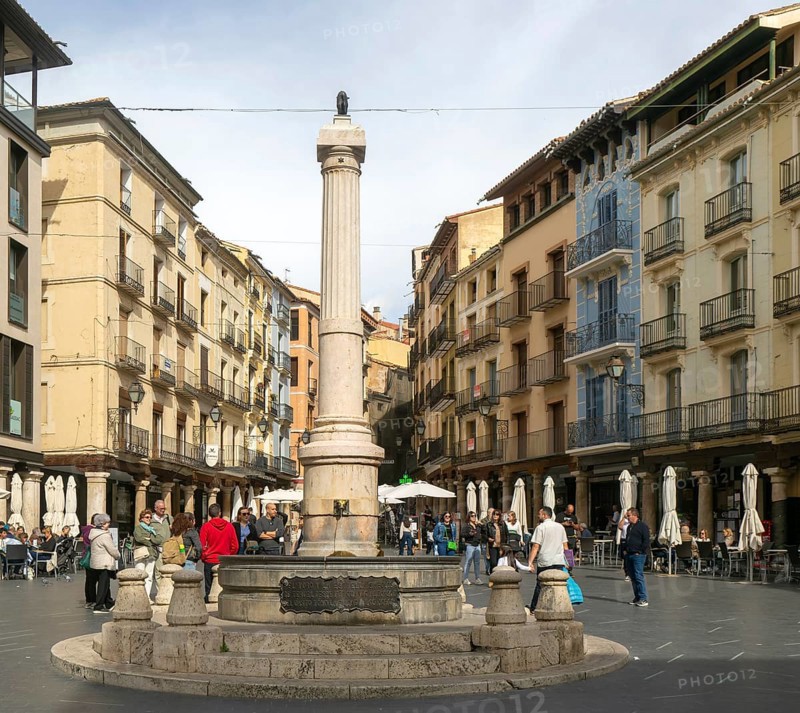 Historic buildings fountain monument, Plaza del Torico square, city centre of Teruel, Aragon, Spain