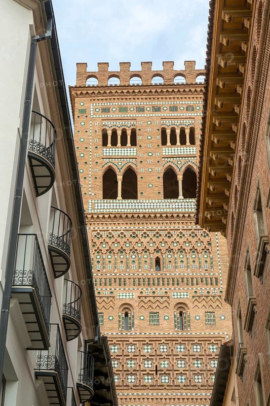 Mudéjar architecture of Torre de El Salvador church tower, city of Teruel, Aragon, Spain